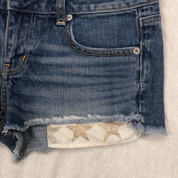 American Eagle Women’s CutOff Peak-A-Boo Glitter Star Pockets Jean Shorts/Size:4 - Picture 2 of 10